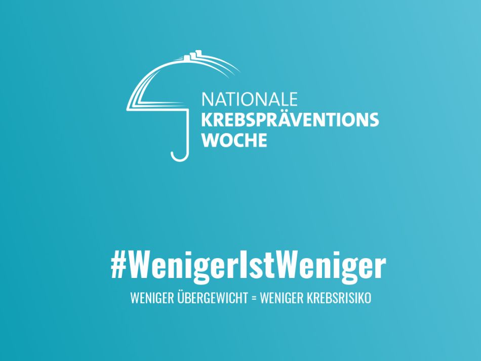 Logo der Nationalen Krebspräventionswoche 2023 mit dem Hashtag #WenigerIstWeniger: Weniger Übergewicht = Weniger Krebsrisiko
