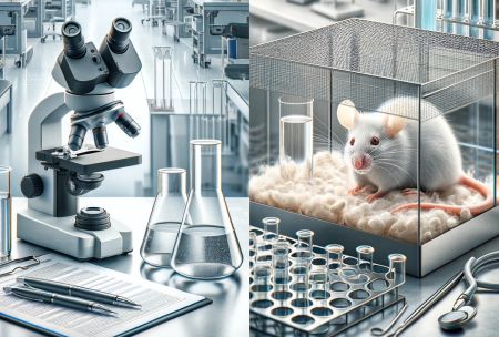 Zweigeteiltes Labor-Bild: links Mikroskop, rechts Maus in einem Käfig