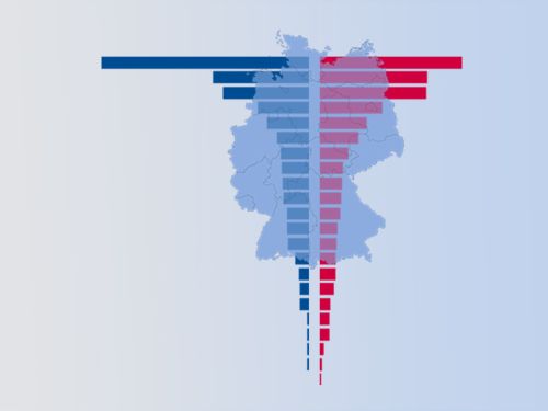 Über der Deutschlandkarte liegen Balken, die die Anzahl der Krebserkrankungen bei Männern (blau) und Frauen (rot) mit verschiedenen Krebsarten zeigen sollen.