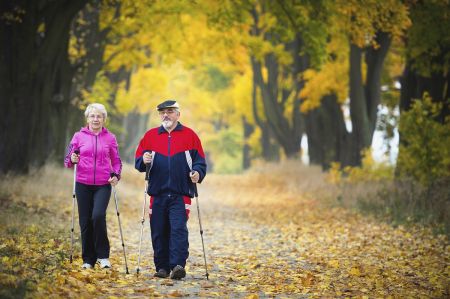 : Eine ältere Frau und ein älterer Mann gehen im Herbstwald Walken.