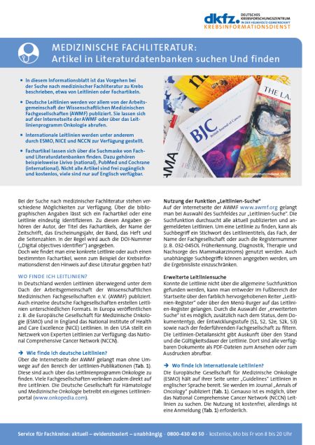 Informationsblatt "Medizinische Fachliteratur: Artikel in Literaturdatenbanken suchen und finden" © Krebsinformationsdienst, DKFZ