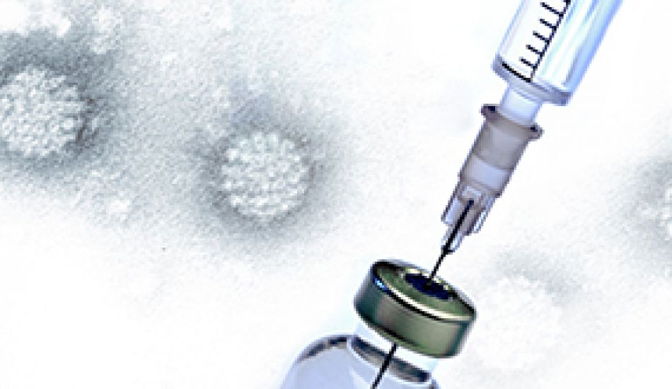 Collage: HPV-Viren und Spritze mit Impfstoff, Foto: Eisenhans- Fotolia.com © Krebsinformationsdienst, Deutsches Krebsforschungszentrum