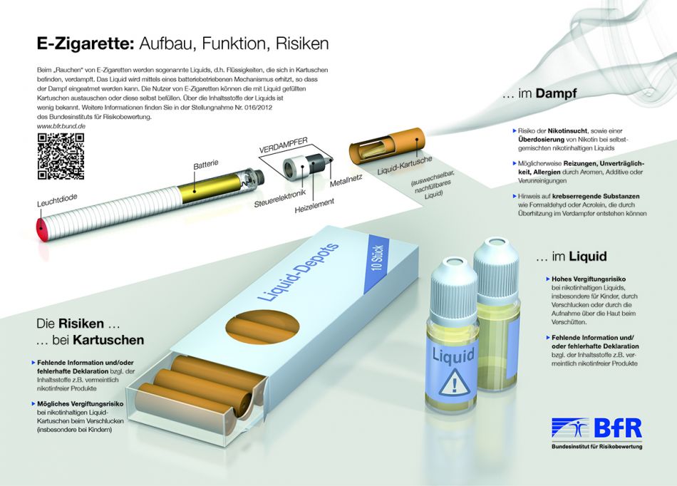 Infografik E-Zigarette: Aufbau, Funktion, Risiken © Bundesinstitut für Risikobewertung|Golden Section Graphics