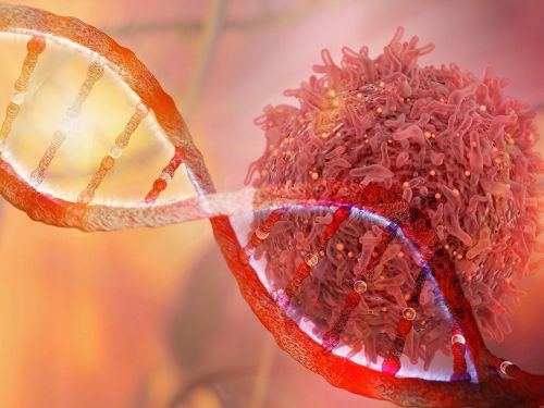 Grafische Darstellung einer Krebszelle und eines DNA-Stranges.