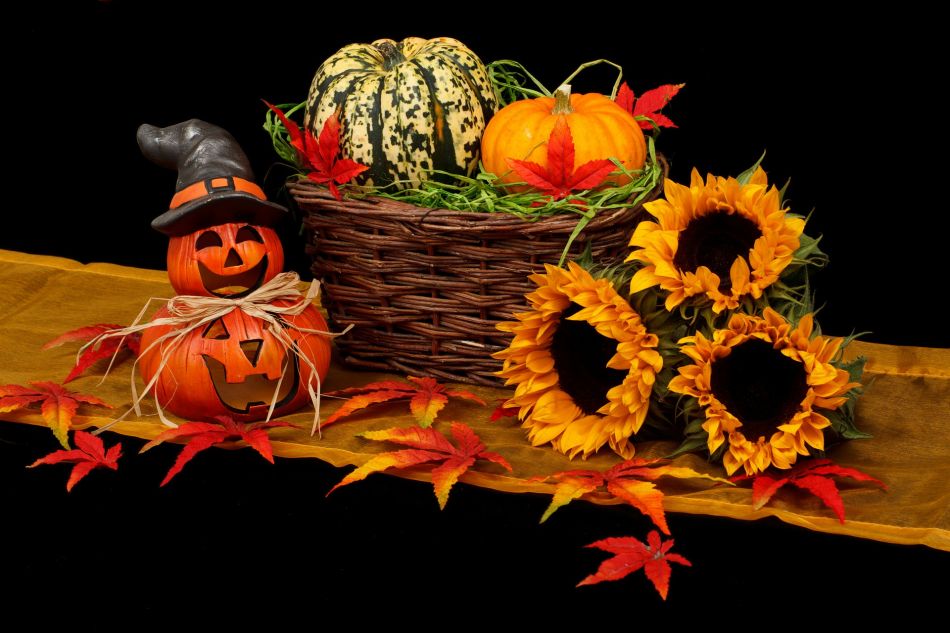 Herbstliche Dekoration: Neben einem Korb mit zwei Kürbissen stehen zwei Halloween-Kürbisse und drei Sonnenblumen. © PublicDomainPictures, Pixabay