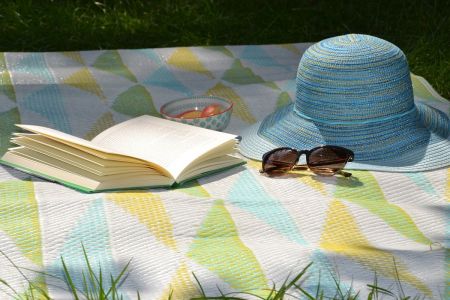 Buch, Sonnenhut und Sonnenbrille auf einer Picknickdecke © Innviertlerin, Pixabay