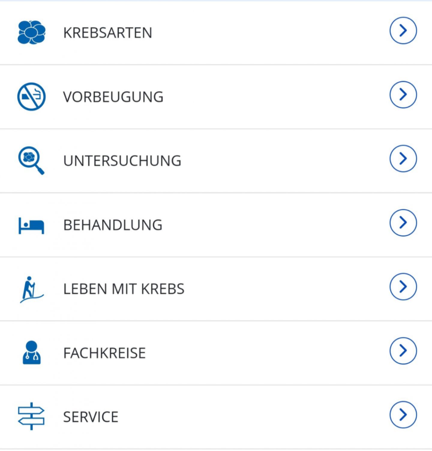 Ansicht der mobilen Hauptnavigation von www.krebsinformationsdienst.de