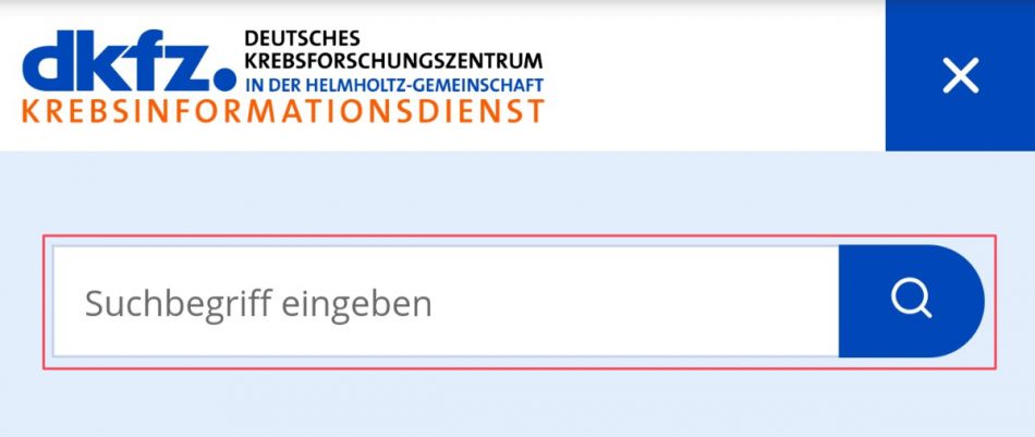 Suchfeld in der mobilen Hauptnavigation auf www.krebsinformationsdienst.de