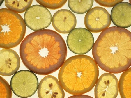 Zitrusfrüchte in Scheiben vor hellem Hintergrund (Zitronen, Limetten, Orangen)