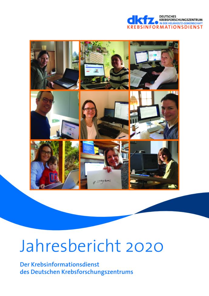 Titelseite des Jahresberichts 2020 vom Krebsinformationsdienst mit einer Collage von Mitarbeiterinnen und Mitarbeitern im Homeoffice. 