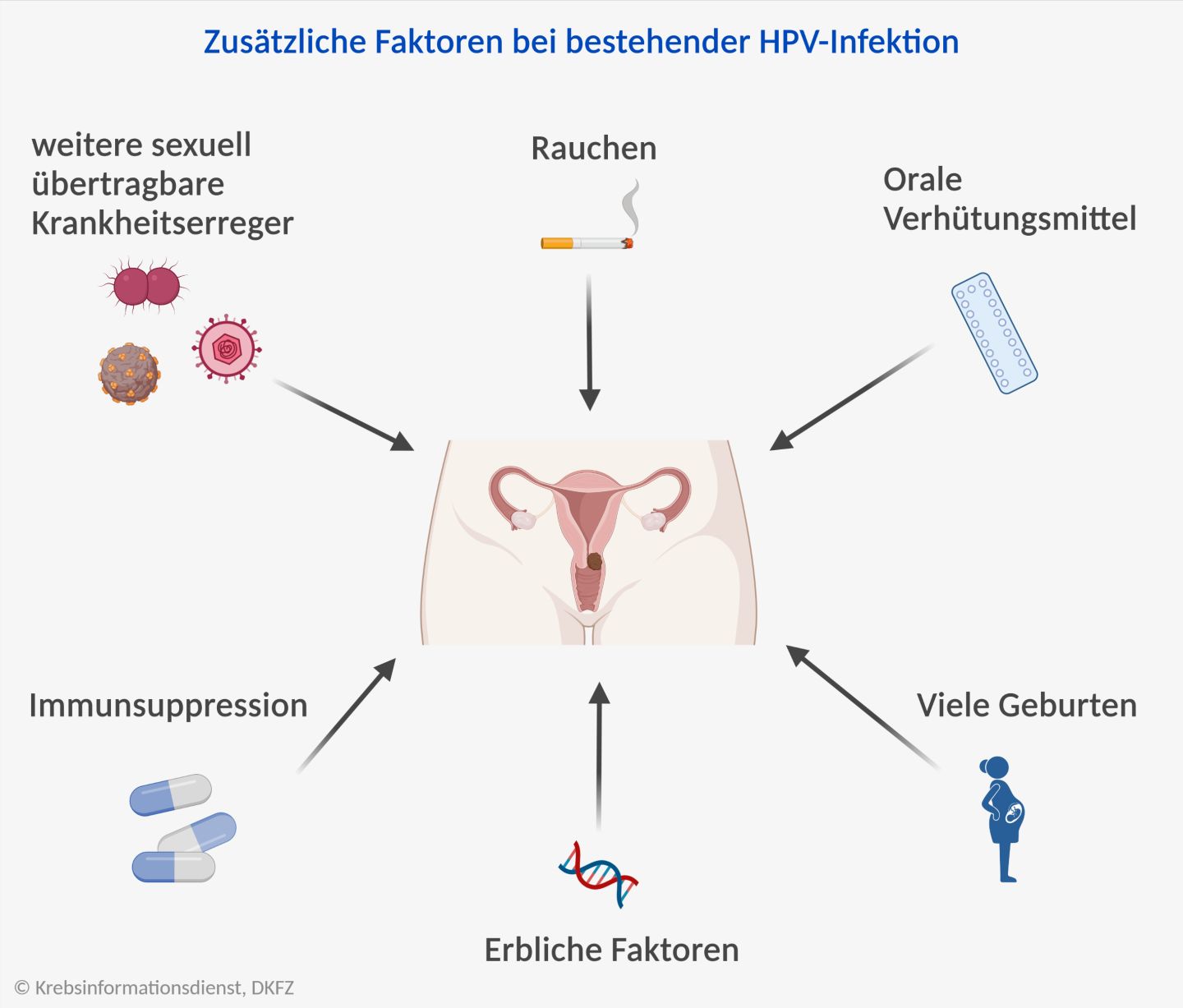 Ko-Risikofaktoren für Gebärmutterhalskrebs bei einer bestehenden HPV-Infektion: Rauchen, Pille, viele Geburten, Immunsuppression, Infektionen, Vererbung