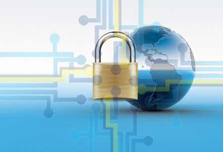 Ein Vorhängeschloss als Symbolbild für Datenschutz sichert ein schematisch abgebildetes weltweites Forschungsnetzwerk.