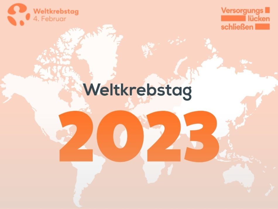Auf orangem Hintergrund ist eine weiße Weltkarte, davor steht: Weltkrebstag 2023