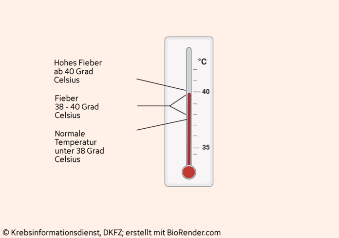Graphische Darstellung eines Thermometers mit einer Unterscheidung von normaler Körpertemperatur unter 38°C, Fieber von 38-40°C und hohem Fieber ab 40°C.