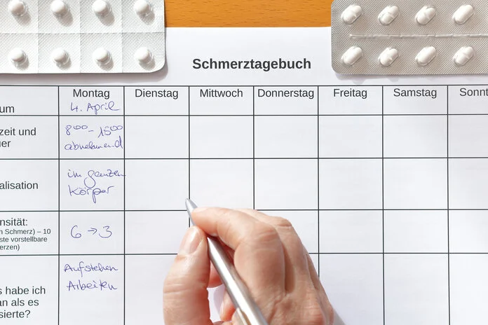 Man sieht eine Hand mit Stift, die dabei ist ein Schmerztagebuch auszufüllen; am oberen Rand des Bildes liegen 2 Tabelttenblister.