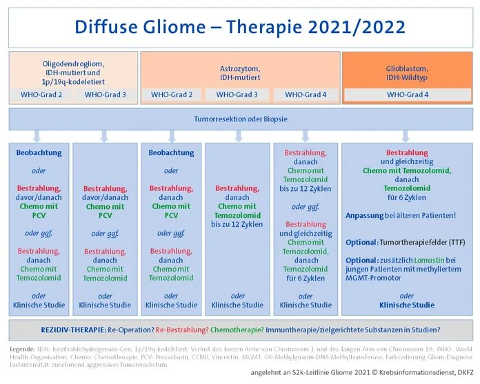 Gliomtherapie 2021, © Krebsinformationsdienst, DKFZ Übersichtstabelle mit Therapieoptionen für diffuse Gliome vom Erwachsenentyp, angelehnt an die S2k-Leitlinie 2021