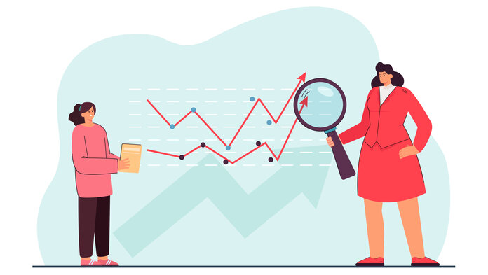 Illustration von 2 Frauen vor einem Hintergrund, in dem 2 Graphen einen ähnlichen Verlauf zeigen.