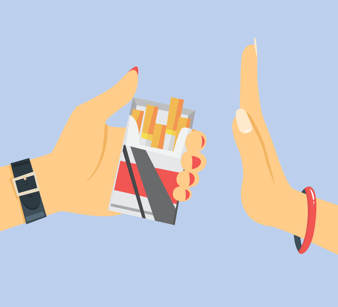 Eine Hand hält eine Packung Zigaretten hin, eine andere lehnt sie mit einer Geste ab.