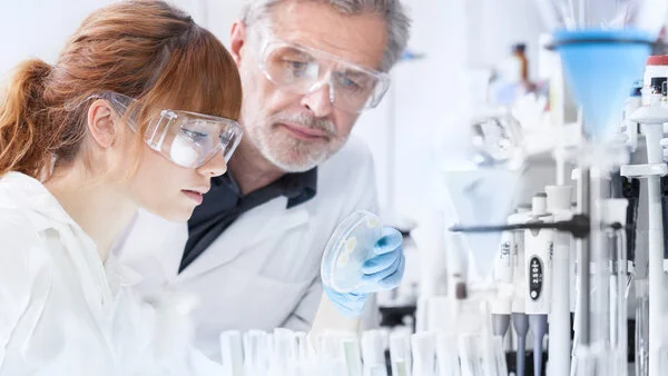 Forschung im Labor, © Matej Kastelic, Shutterstock Zwei Forscher begutachten im Labor eine Schale mit Bakterien.