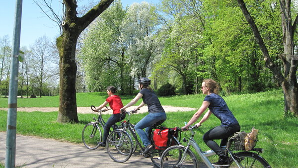 3 Frauen fahren mit dem Fahrrad durch den Park