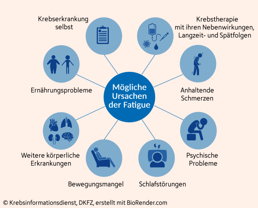 Mind-Map zur Darstellung der verschiedenen möglichen Ursache einer Fatigue. Dazu sind verschiedene Icons abgebildet.