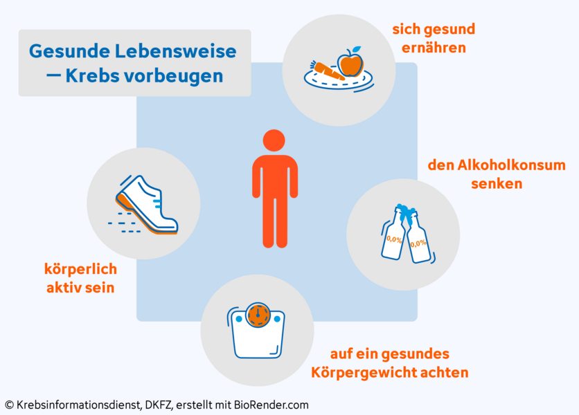 Was Fachleute empfehlen, um Krebs – und damit auch Prostatakrebs – vorzubeugen: ausreichend Bewegung, eine gesunde Ernährung, wenig Alkohol trinken und ein gesundes Körpergewicht.