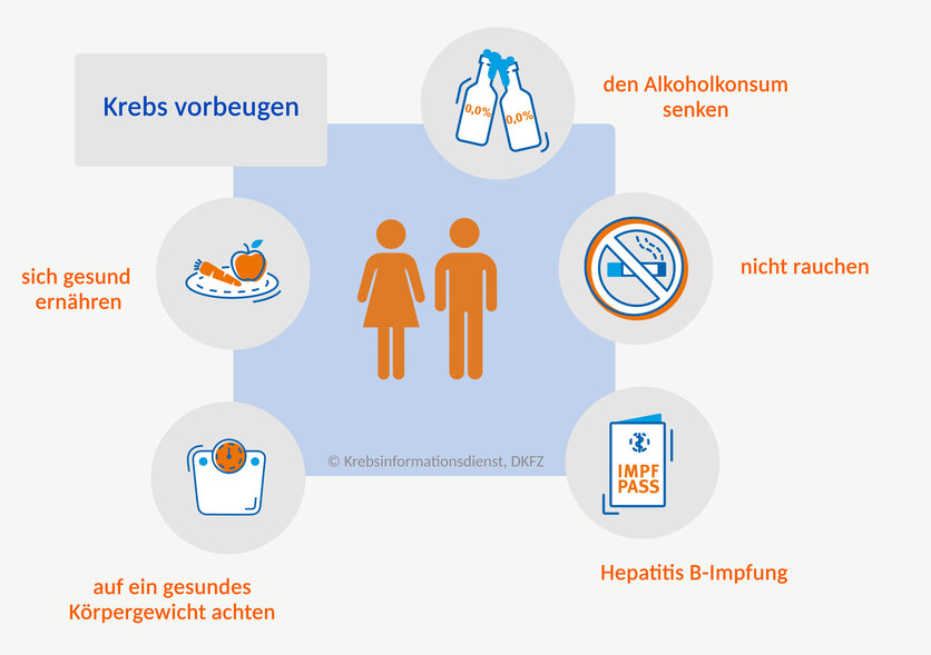 Krebs der Gallenblase und Gallengänge vorbeugen, © Krebsinformationsdienst, DKFZ, erstellt mit BioRender.com Mindmap was Fachleute empfehlen, um das Risiko für Gallenblasenkrebs und Gallengangskrebs zu senken: eine gesunde Ernährung, ein gesundes Körpergewicht, eine Hepatitis B-Impfung, nicht rauchen und wenig Alkohol trinken.