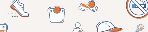 Verschiedene Icons: Laufschuhe, Waage, gesundes Essen, Nichtraucherzeichen, Kappe, Impfpass und Lupe.