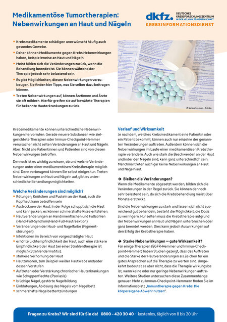 Vorschau vom Informationsblatt "Medikamentöse Tumortherapien: Nebenwirkungen an Haut und Nägeln"
