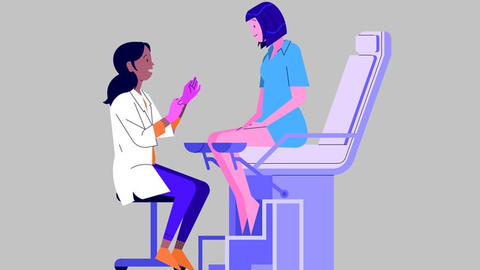Illustration einer Frau auf einem gynäkologischen Stuhl, vor ihr eine Frauenärztin.