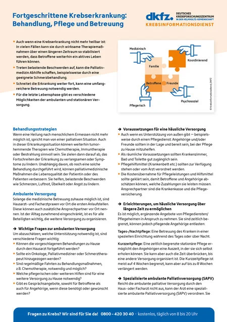 Vorschau vom Informationsblatt "Fortgeschrittene Krebserkrankung: Behandlung, Pflege und Betreuung"
