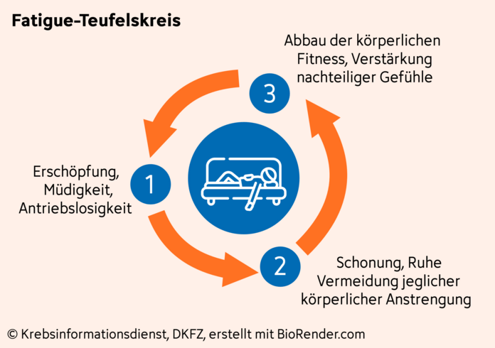 Abbildung eines Kreislaufs mit 3 Punkten: 1. "ich fühle mich erschöpft", 2. "Schonung und Ruhe", 3. "Nachtteilige Auswirkungen auf den Körper und Psyche". In der Mitte ist eine Person auf dem Sofa liegend.