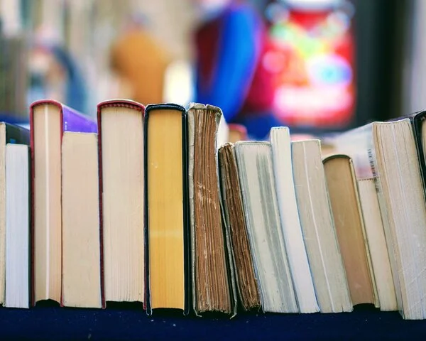 Alte Bücher, © Tom Hermans, Unsplash Alte Bücher mit den Seiten nach unten der Reihe nach aufgestellt.