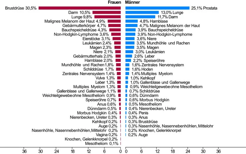 Krebs in Deutschland für 2019/2020 © 2023 Robert Koch-Institut, © 2023 Robert Koch-Institut Prozentualer Anteil der häufigsten Tumorlokalisationen an allen Krebsneuerkrankungen in Deutschland 2020 (ohne nicht-melanotischen Hautkrebs).
