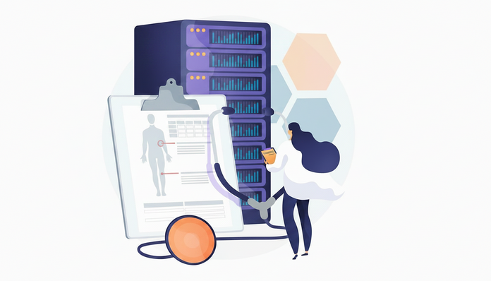 Illustration einer Ärztin vor einem Computerserver und einem Klemmbrett mit Körperumriss