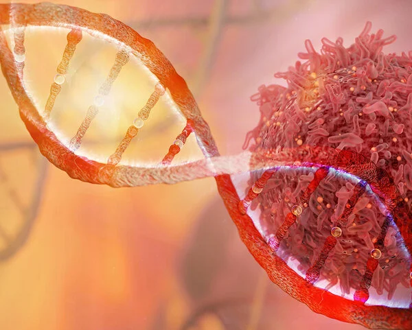 Krebszelle und DNA-Strang, © CIPhotos, Thinkstock DNA und Krebszelle schematisch dargestellt