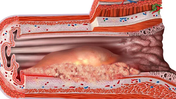 Tumor in der Speiseröhre, © MediDesign Frank Geisler Anatomischer Querschnitt durch die Speiseröhre (Ösophagus) mit Blick auf ein Adenokarzinom (Ösophaguskarzinom)