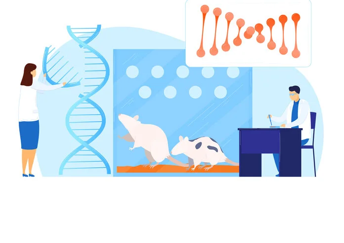 Tierversuche und Grundlagenforschung, © Freepik Illustration von einer Forscherin, einem Forscher, DNA-Symbolen und Versuchstieren.