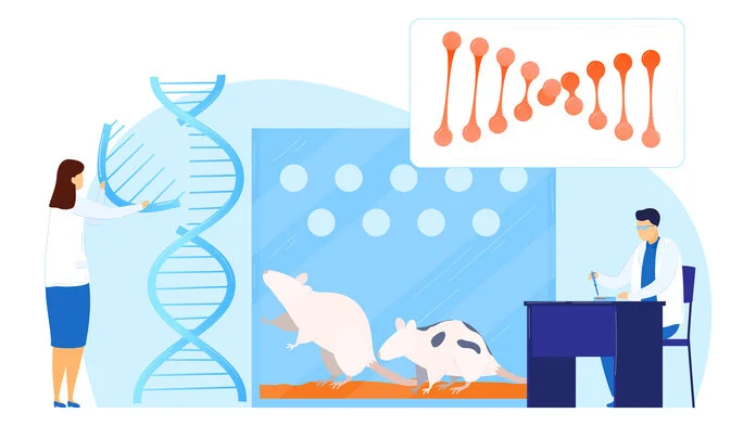 Tierversuche und Grundlagenforschung, © Freepik Illustration von einer Forscherin, einem Forscher, DNA-Symbolen und Versuchstieren.
