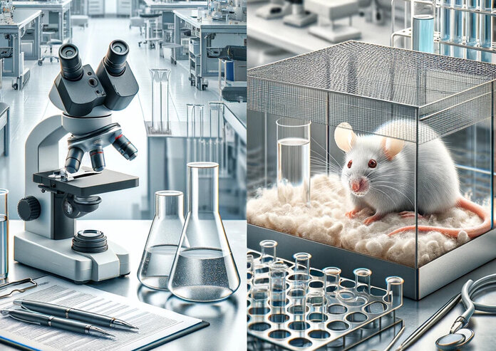 Zweigeteiltes Labor-Bild: links Mikroskop, rechts Maus in einem Käfig