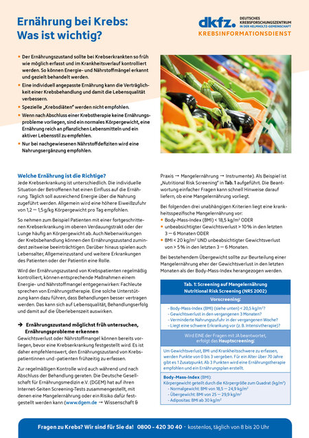 Informationsblatt "Ernährung bei Krebs: Was ist wichtig?"