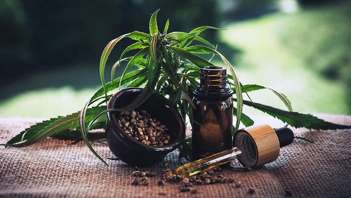 Cannabidiol-Öl und Hanfpflanze, © Julia Teichmann, Pixabay Cannabidiol (CBD) wird aus der Nutzhanfpflanze gewonnen. Mit der Pipette lässt sich CBD-Öl tropfenweise dosieren.