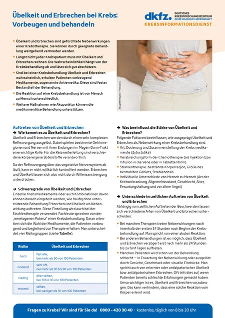 Informationsblatt "Übelkeit und Erbrechen bei der Krebsbehandlung: Vorbeugen und behandeln"