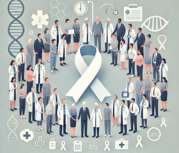 Grafische Darstellung von Expertinnen und Experten; verschiedene Icons symbolisieren Krebs, Therapie, Medizin und Genetik