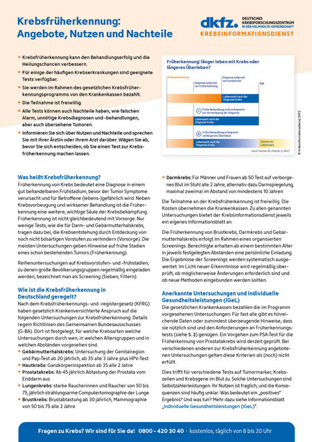 Vorschau vom Informationsblatt "Krebsfrüherkennung: Wissenswertes zu Angeboten, Nutzen und Nachteilen"