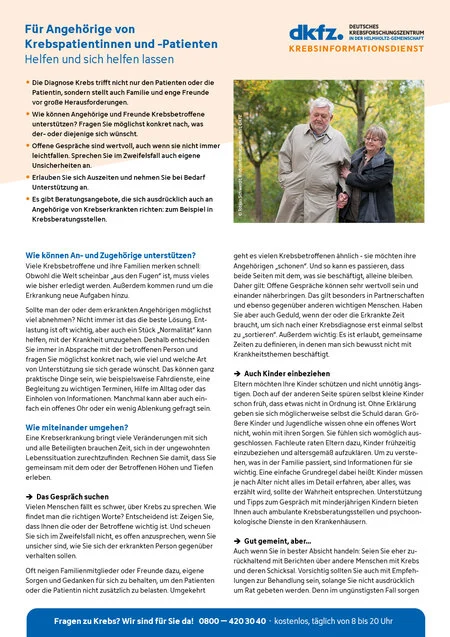 Informationsblatt "Für Angehörige von Krebspatientinnen und -patienten: Helfen und sich helfen lassen"