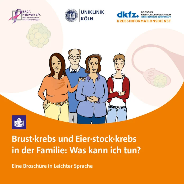 Titelseite der Broschüre "Brustkrebs und Eierstockkrebs in der Familie: Was kann ich tun? Eine Broschüre in Leichter Sprache"