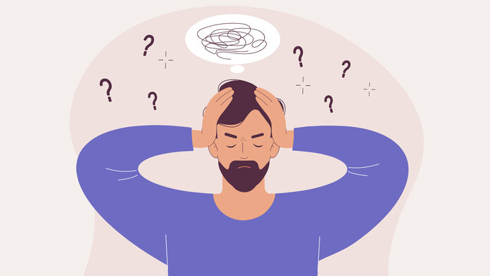Illustration eines jungen Mannes: er hat die Augen geschlossen und hält die Hände am Kopf. Über seinem Kopf sind Fragezeichen und eine Gedankenblase.